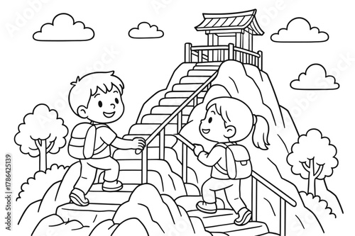 Mountain Shrine Adventure. Mountain shrine hike children?s coloring book illustration, outlined drawing, kids climbing gentle steps with railings toward a tiny