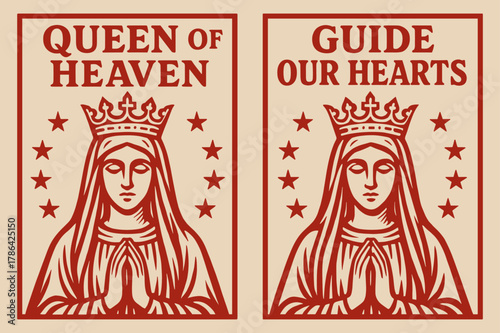 Queen of Heaven Banners. Queen of Heaven. Two vertical A6 banners with safe margins, centered composition, no elements touching edges, bold, red and beige,