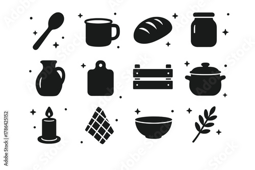Farmhouse Kitchen Icons. Farmhouse Kitchen Decor. Solid icons set of Farmhouse Kitchen Decor: wooden spoon, enamel mug, bread loaf, jar, milk jug, cutting