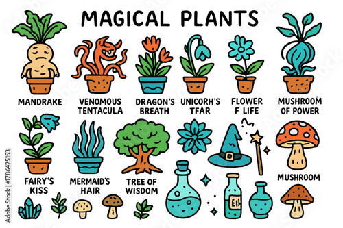Enchanting Magical Plants. Magical plants. Hand-drawn doodle illustration magical plants colored mandrake, colored venomous tentacula, colored dragon's breath,