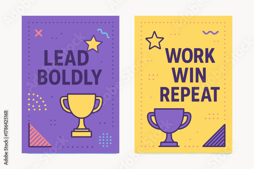 Bold Leadership Banners. Lead boldly. Two vertical A6 banners with safe margins, centered composition, no elements touching edges, memphis, purple and yellow,