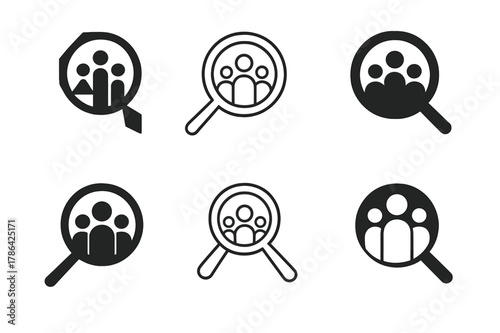 Inclusive Hiring Logos. Inclusive hiring. Set Logo of Inclusive hiring: magnifying glass over diverse figures. harmonious logo variations of the same