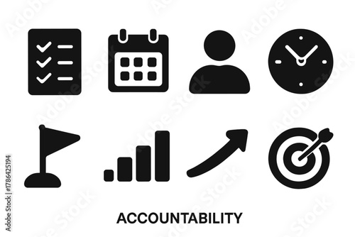 Accountability Icon Set. Accountability. Filled icon set of accountability: checklist, calendar, person icon,