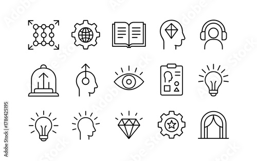 Linear icon set featuring education, creativity, and innovation themes