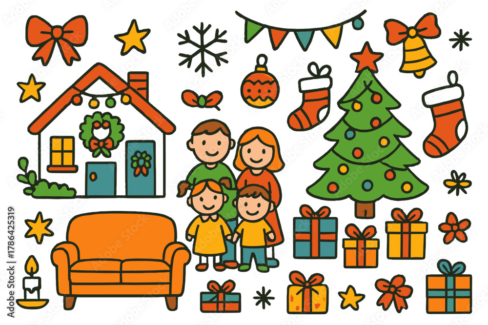 Naklejka premium Festive Holiday Home. festive home. Colorful Hand-drawn doodle Children illustration festive home family, Christmas tree, ornaments, lights, garland, wreath,