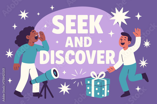 Seek and Discover. Seek and discover banner, flat vector illustration, bold oversized text inside rounded blob, cartoon characters shouting and dancing,
