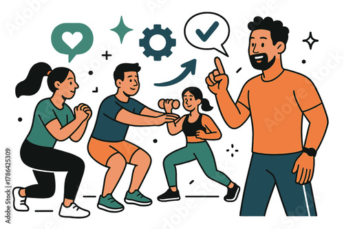 Dynamic Fitness Coaching. Fitness training and personal coaching. Group workout session in gym with trainer giving instructions; abstract floating icons,