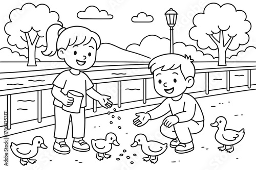 Riverside Coloring Fun. Embankment children?s coloring book illustration, outlined drawing, a peaceful riverside walkway with smiling kids feeding ducks near
