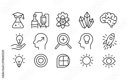 Science and innovation icons: linear design depicting research, technology, and creative thinking