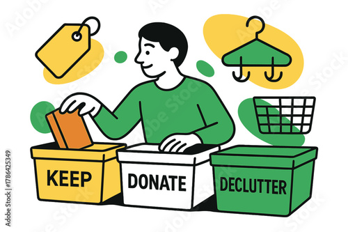 Organized Living Essentials. Decluttering tips. A person sorting items into bins, abstract floating icons of