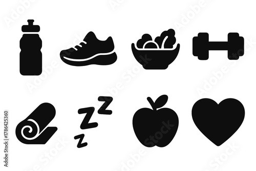 Healthy Routine Icons. Healthy routines. Filled icon set of healthy routines: water bottle, running shoe,
