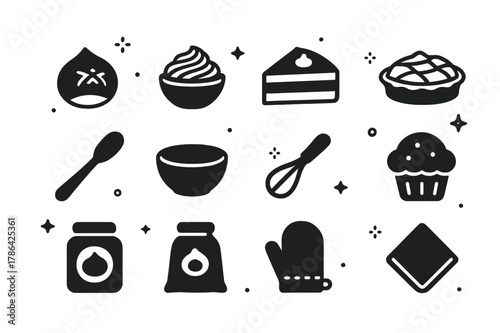 Chestnut Baking Icons. Chestnut Food and Baking. Solid icons set of Chestnut Food and Baking: roasted nut, chestnut puree, cake slice, pie, spoon, mixing bowl,