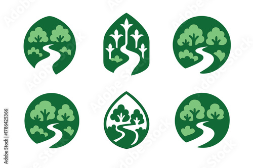 Amazon Logos Grid. Amazon rainforest. Set Logo of Amazon rainforest: winding river through canopy. harmonious logo variations of the same emblematic concept,