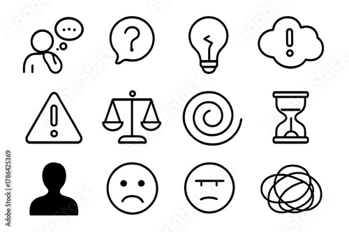 Cognitive Doubt Icons. Cognitive doubt. Line icon set of cognitive doubt: person thinking, thought bubble, question mark, broken light bulb, cloud, exclamation