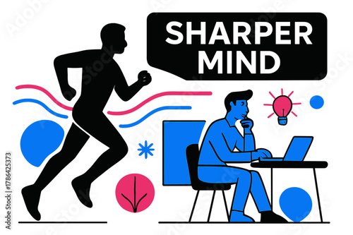Focus to Productivity. Focus & Productivity. A jogger silhouette transitions into a person at a desk; energy lines flow from motion to mindset. ?Sharper Mind?