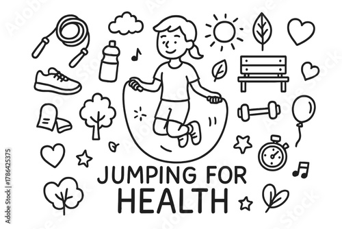 Jumping for Health. Jumping for Health. Hand-drawn doodle illustration of Jumping for Health. In the middle,