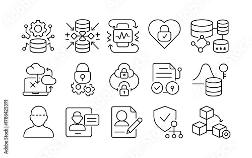 Technology and security icons in linear style highlighting data, cloud, and privacy concepts