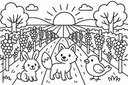 Vineyard Sunset Coloring. a vineyard at sunset children?s coloring book illustration, outlined drawing, a beautiful vineyard at sunset with happy animals and