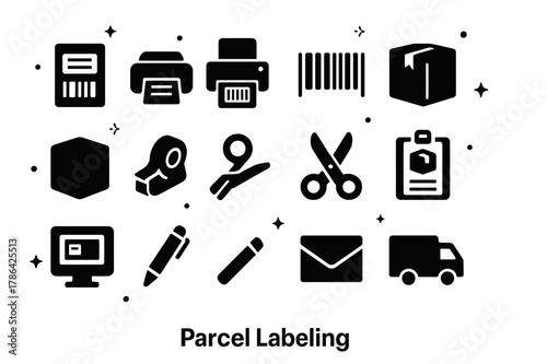 Parcel Labeling Icons. Parcel Labeling. Solid icons set of Parcel Labeling: shipping label, printer, barcode, package, box, tape dispenser, scissors,