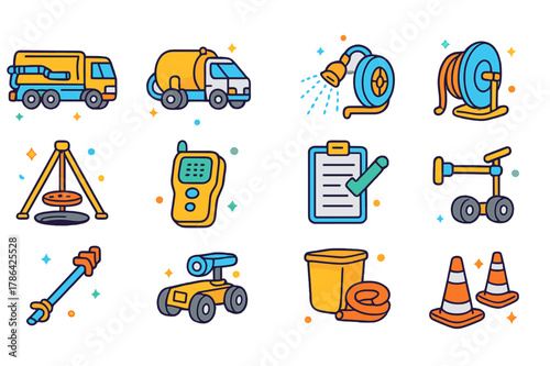 Colorful Sewer Icons. Sewer maintenance operations. Colorful isometric vector icons set of Sewer maintenance operations: jetting truck, vacuum truck,