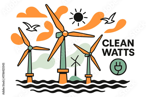Offshore Wind Elegance. Offshore Wind Turbines. Slow-blade giants turn above gentle waves as seabirds trace tidy arcs; ?Clean Watts? hovers near a cable icon.