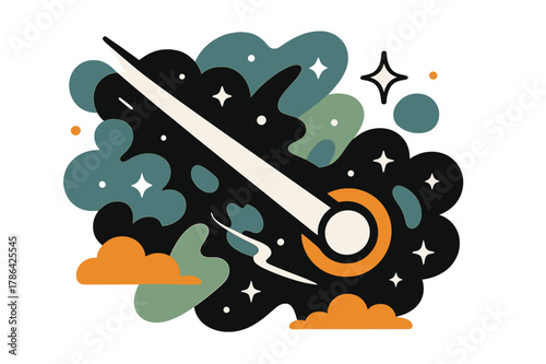 Comet in Nebula. Comet Through a Nebula. A crisp tail slices across soft clouds; ?Whisper Trail? hangs near sparkling dust. The head glows with a haloed rim.