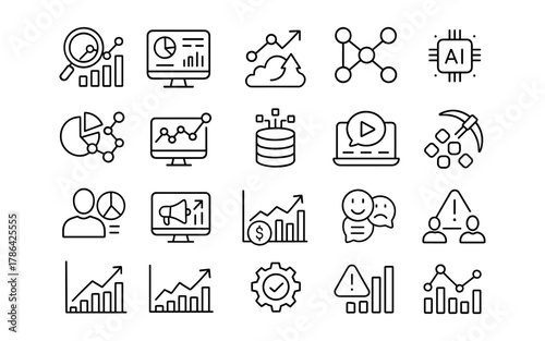 Business and data analytics icon set featuring minimalistic line art