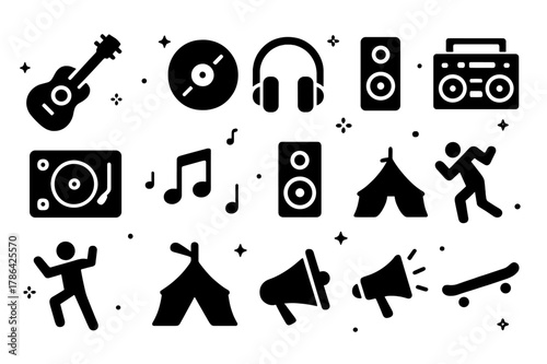 Urban Music Icons. Urban Music Scene. Solid icons set of Urban Music Scene: guitar, vinyl record, headphones, microphone, DJ turntable, speaker, music notes,