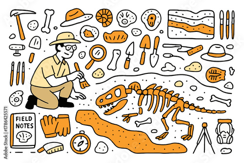 Colorful Fossil Excavation. Fossil dig site. Hand-drawn doodle illustration paleontologist (colored), dinosaur skeleton (colored), fossils (colored),
