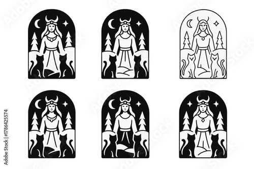 Divine Logo Variations. Ancient gods and goddesses in a mystical landscape. Set Logo of Ancient gods and goddesses in a mystical landscape: Freyja cats. Icon