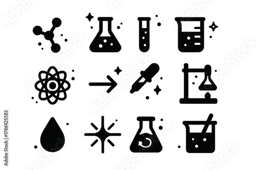 Organic Chemistry Icons. Organic Synthesis. Solid icons set of Organic Synthesis: molecule, flask, test tube, beaker, atom, reaction arrow, pipette, Bunsen