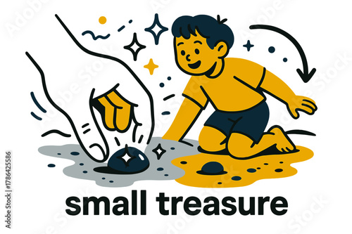 Beach Stone Discovery. Pebble ? Beach Discovery. Child?s hand picks up a shiny stone from the wet sand; gentle sparkle icons mark the find. Caption ?small