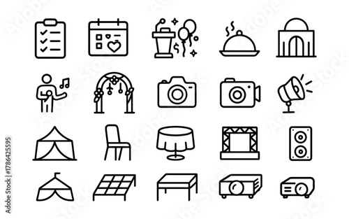 Event planning icons collection: catering, entertainment, venue, equipment