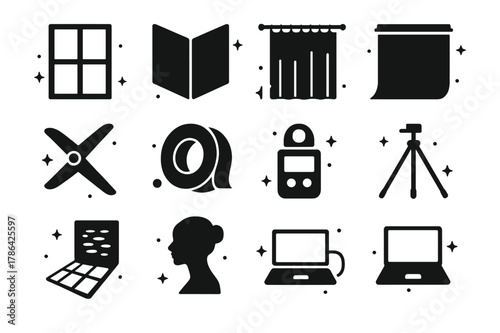 Studio Light Icon Set. Window Light in Studio Photography. Solid icons set of Window Light in Studio Photography: large window, V-flat reflector, diffusion