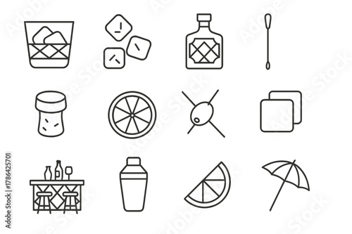 Crystal Whiskey Icons. Crystal whiskey. Line icon set of crystal whiskey: whiskey glass, ice cubes, bottle, cocktail stirrer, cork, lemon slice, olive,