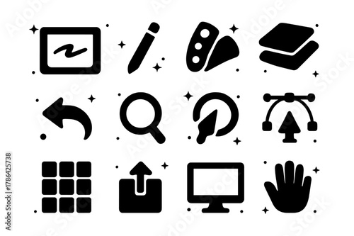 Digital Sketching Icons. Digital Sketching. Solid icons set of Digital Sketching: tablet, stylus pen, color palette, layers icon, undo arrow, zoom tool, brush