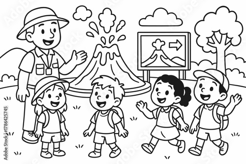 Volcano Field Trip Fun. Volcano field trip children?s coloring book illustration, outlined drawing, cheerful kids with a guide looking at a model volcano and
