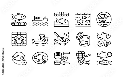 Seafood production and market icons: fishing, processing, and sale in line art