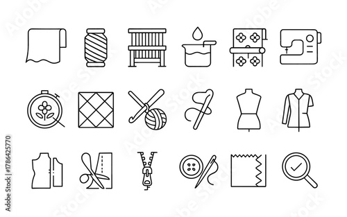 Linear style sewing and textile icons for fashion design and craft