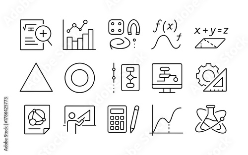 Linear science and math icons collection featuring graphs and formulas