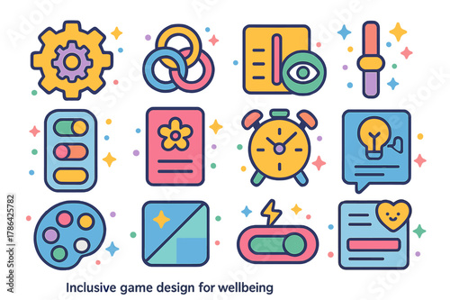 Colorful Game Icons. Inclusive game design for wellbeing. Colorful isometric vector icons set of Inclusive game design for wellbeing: accessibility settings