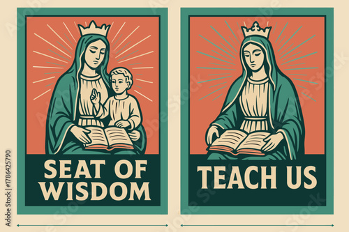 Retro Wisdom Banners. Seat of Wisdom. Two vertical A6 banners with safe margins, centered composition, no elements touching edges, retro, coral and teal, open