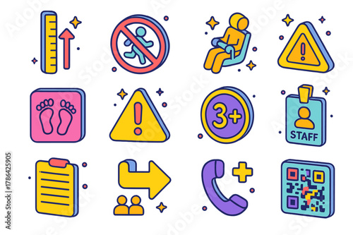 Safety Signage Icons. ride safety signage. Colorful isometric vector icons set of ride safety signage: height requirement ruler, no running icon, hold on tight