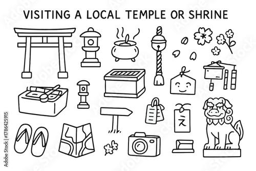 Temple Visit Icons. Visiting a local temple or shrine. Hand-drawn doodle illustration Visiting a local temple or shrine torii gate, stone lantern, incense