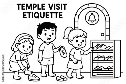 Temple Etiquette Coloring Page. Temple visit etiquette children?s coloring book illustration, outlined drawing, visitors removing shoes and placing them on a