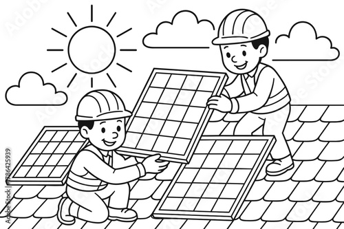 Solar Panel Coloring Fun. Solar panel installations children?s coloring book illustration, outlined drawing, smiling workers placing solar panels on a sunny