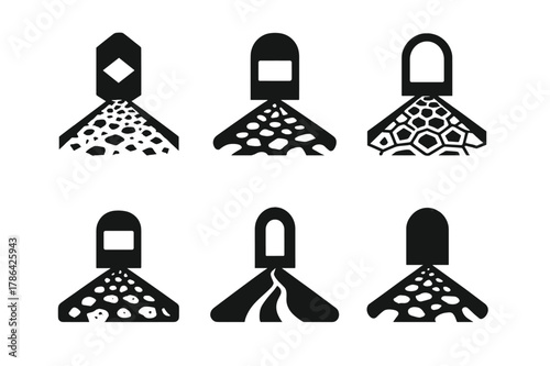 Gravel Road Logos. Gravel road. Set Logo of Gravel road: mile marker post. harmonious logo variations of the same emblematic concept, each with different