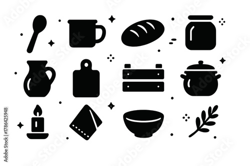 Farmhouse Kitchen Icons. Farmhouse Kitchen Decor. Solid icons set of Farmhouse Kitchen Decor: wooden spoon, enamel mug, bread loaf, jar, milk jug, cutting