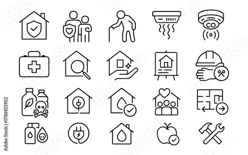 Home safety and security: line art icons for protection and maintenance