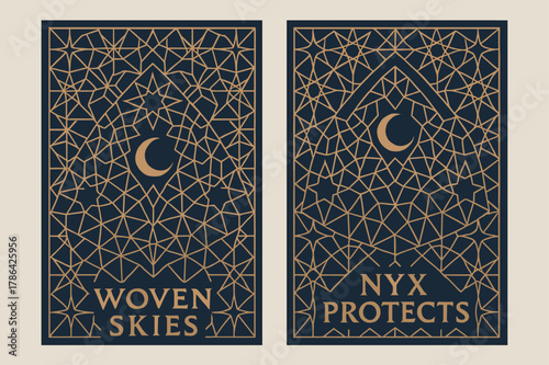 Sapphire-Copper Star Cloak. Constellation Loom. Two vertical A6 banners with safe margins, centered composition, no elements touching edges, geometric,